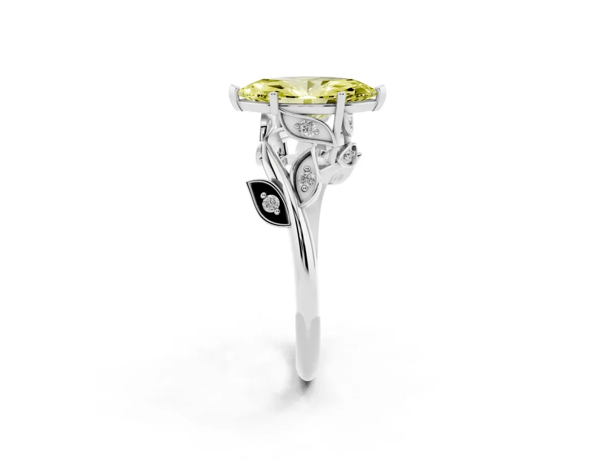 Fancy Yellow Marquise Cut Solitaire Twist Engagement Ring with Leaf Accents and Prong Setting Silver