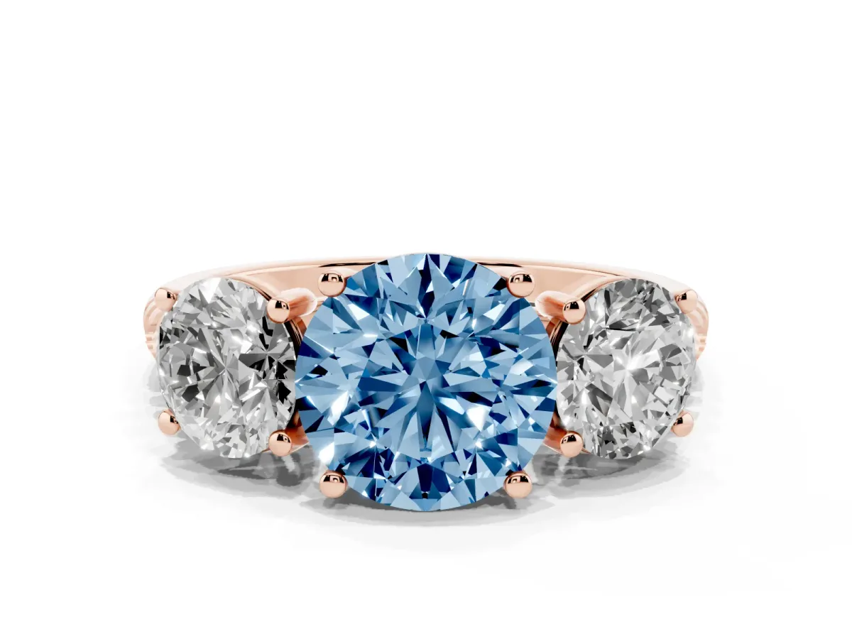 Fancy Blue Three-Stone Round Cut Diamond Ring with Round Pavé Band and Prong Setting Rose gold