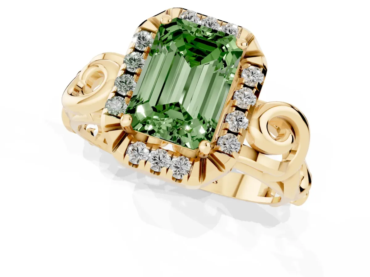 Fancy Green Emerald Cut Cut Halo Diamond Ring with Scrollwork Band and Four-Prong Setting Yellow gold