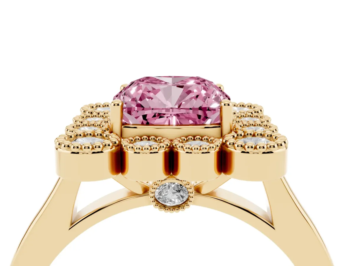 Fancy Pink Cushion Cut Halo Diamond Cluster Engagement Ring with Milgrain Bezel Setting and Solitaire Band Yellow gold