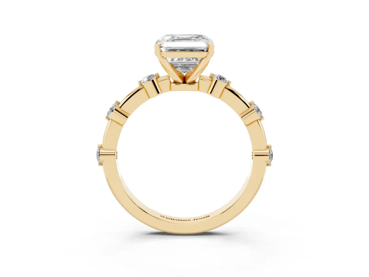 Asscher Cut Solitaire Diamond Ring with Bezel Set Side Stones and Prong Setting Yellow gold