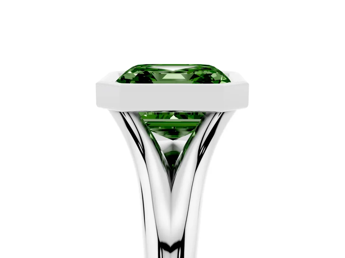 Fancy Green Bezel Set Asscher Cut Solitaire Diamond Ring with Smooth Band Platinum