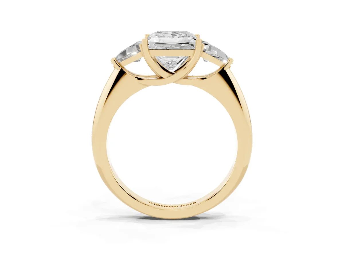 Three-Stone Princess Cut Diamond Engagement Ring with Trillion Side Stones and Prong Setting Yellow gold