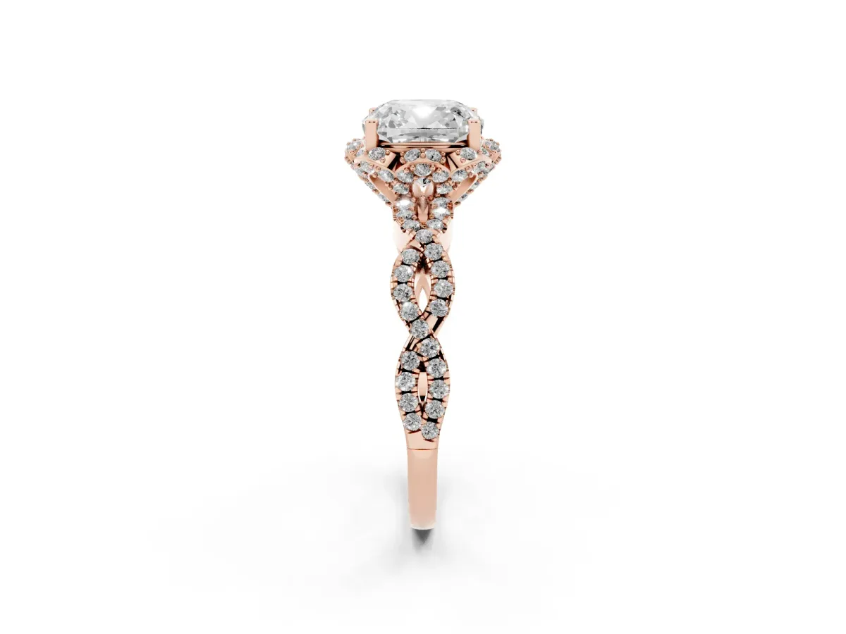 Cushion Cut Halo Twist Band Solitaire Ring with Six-Prong Setting Rose gold