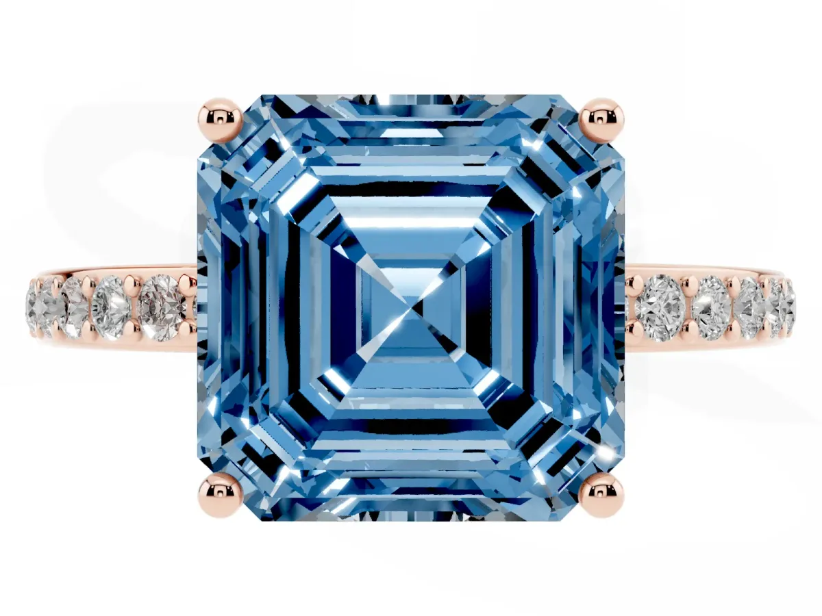 Fancy Blue Asscher Cut Cut Diamond Pavé Band Ring with Four-Prong Setting Rose gold
