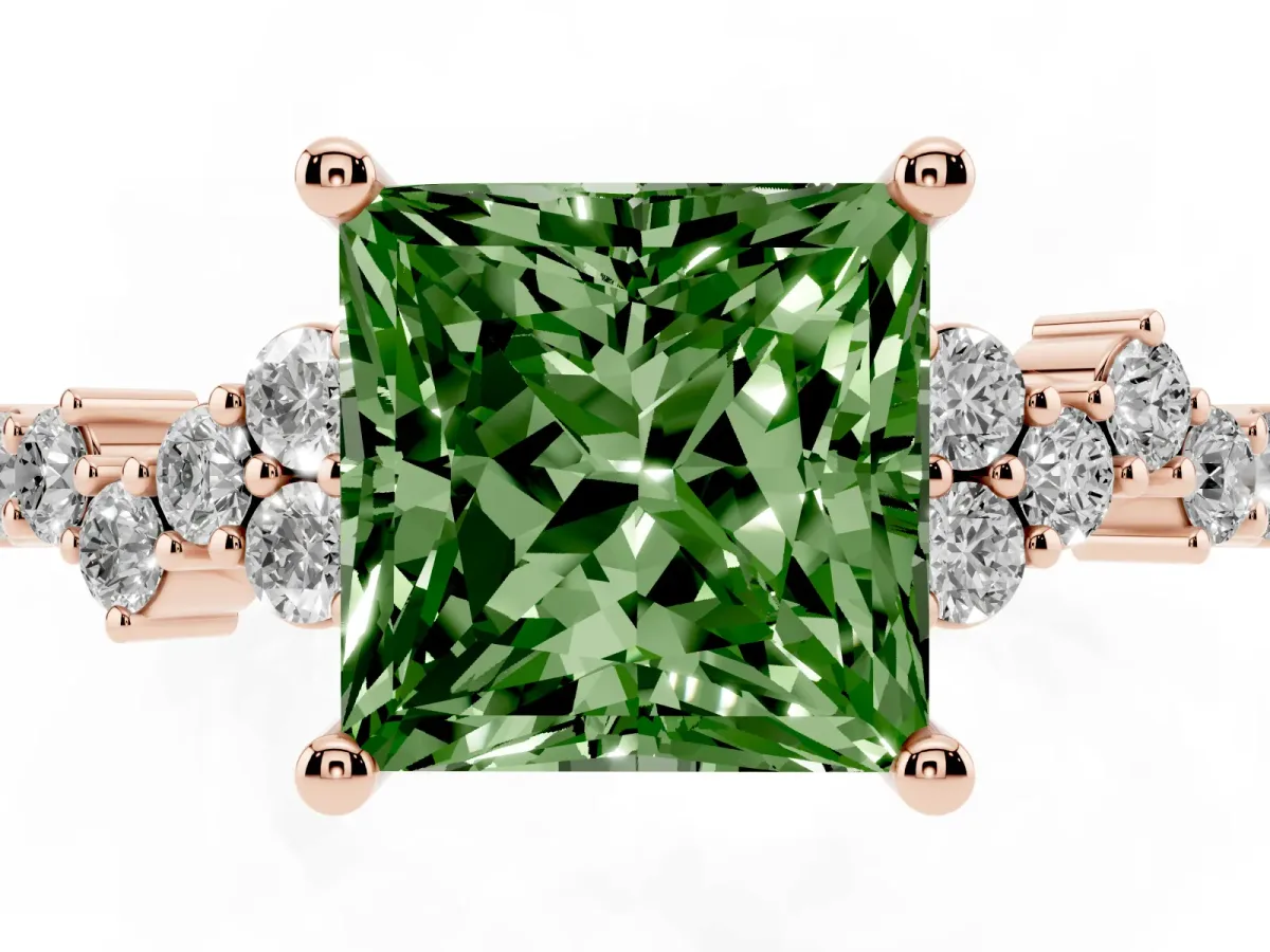 Fancy Green Princess Cut Diamond Scattered Round Accent Ring with Prong Setting Rose gold