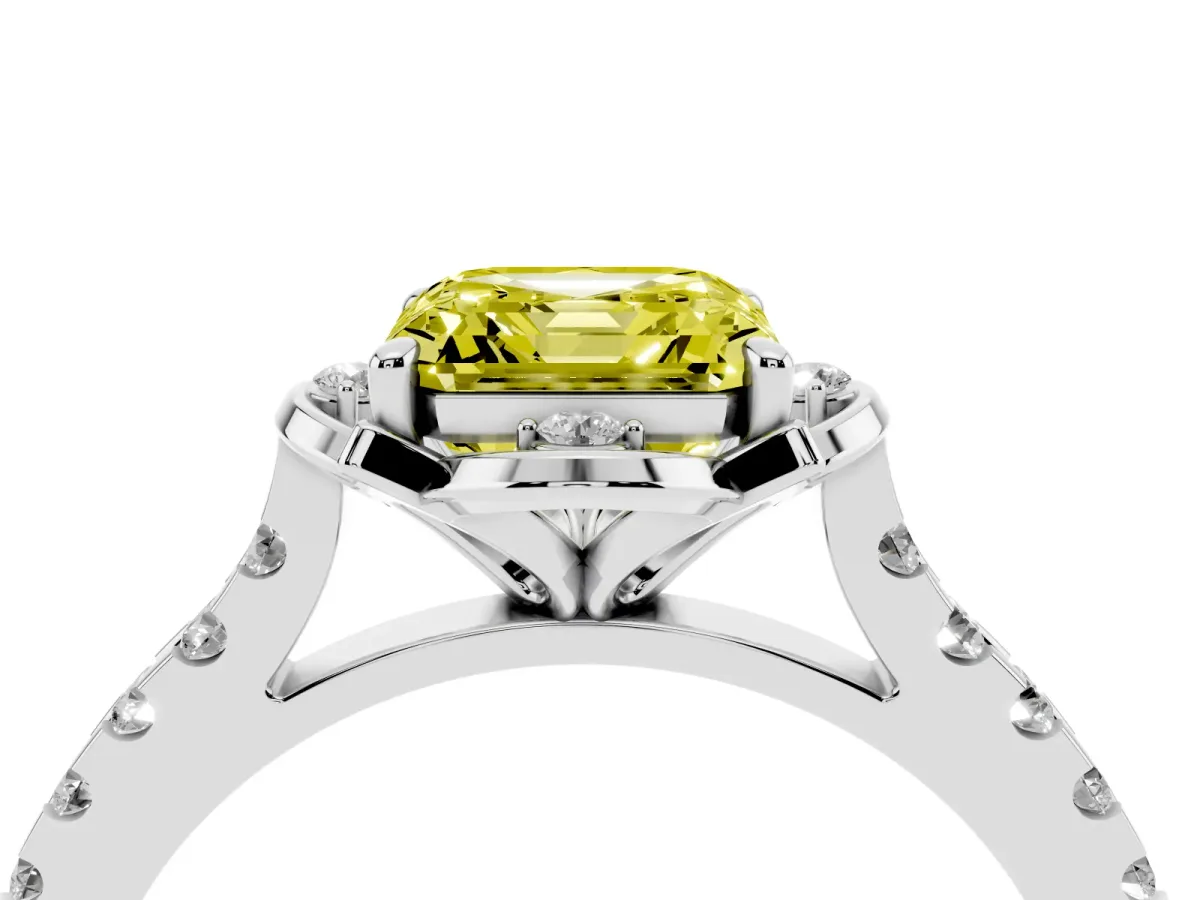 Fancy Yellow Asscher Cut Diamond Ring with Pavé Band and Floral Prong Setting Silver