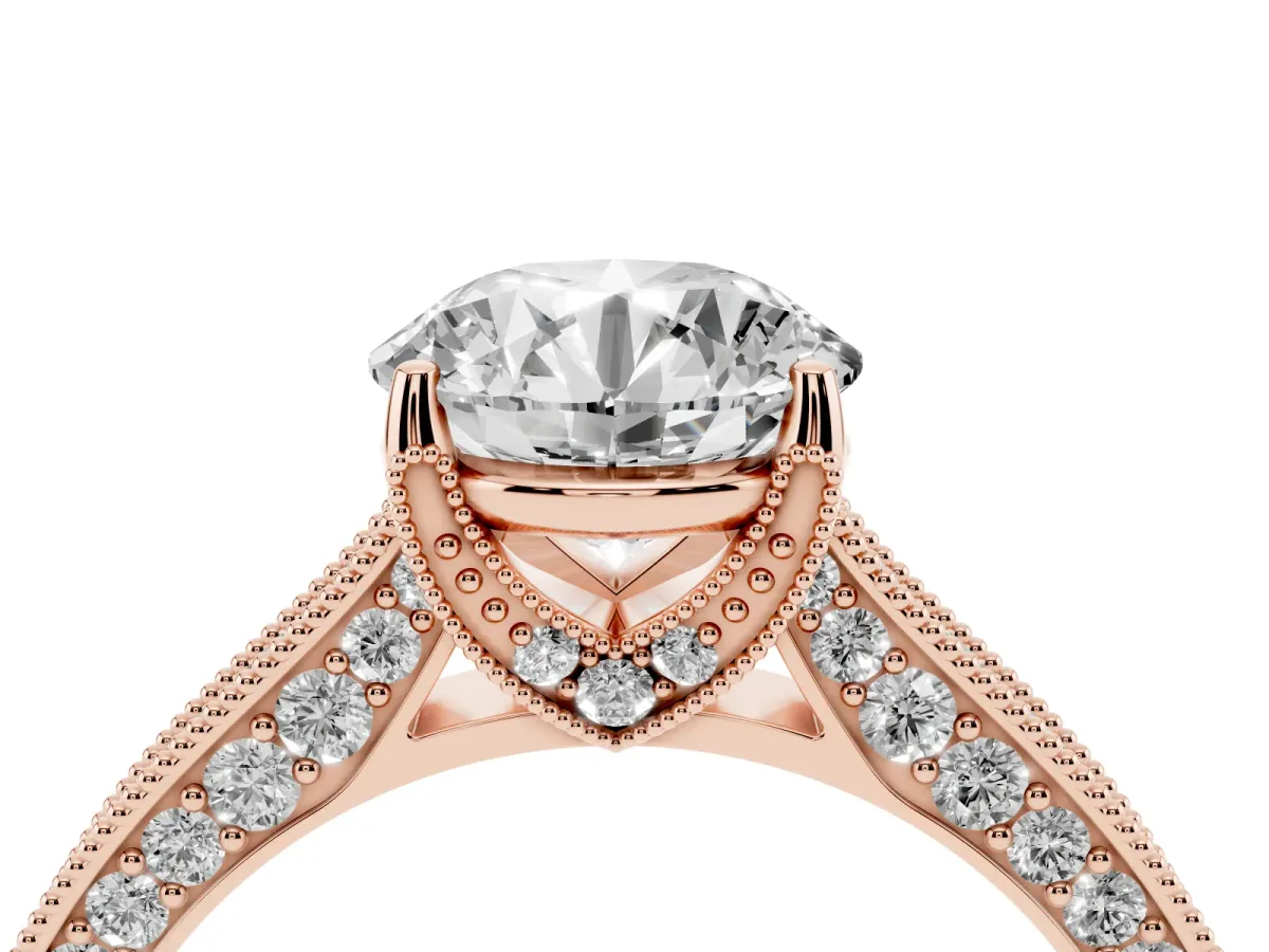Round Cut Cut Diamond Solitaire Ring with Milgrain Pave Band and Four Prong Setting Rose gold