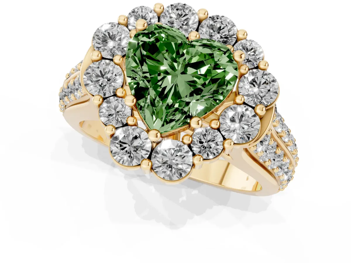 Fancy Green Heart Cut Halo Diamond Engagement Ring with Split Shank and Prong Setting Yellow gold