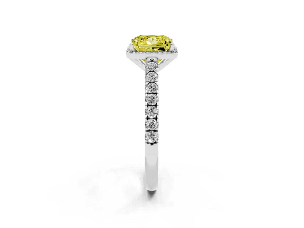 Fancy Yellow Princess Cut Cut Halo Diamond Engagement Ring with Pave Band and Four-Prong Setting Platinum