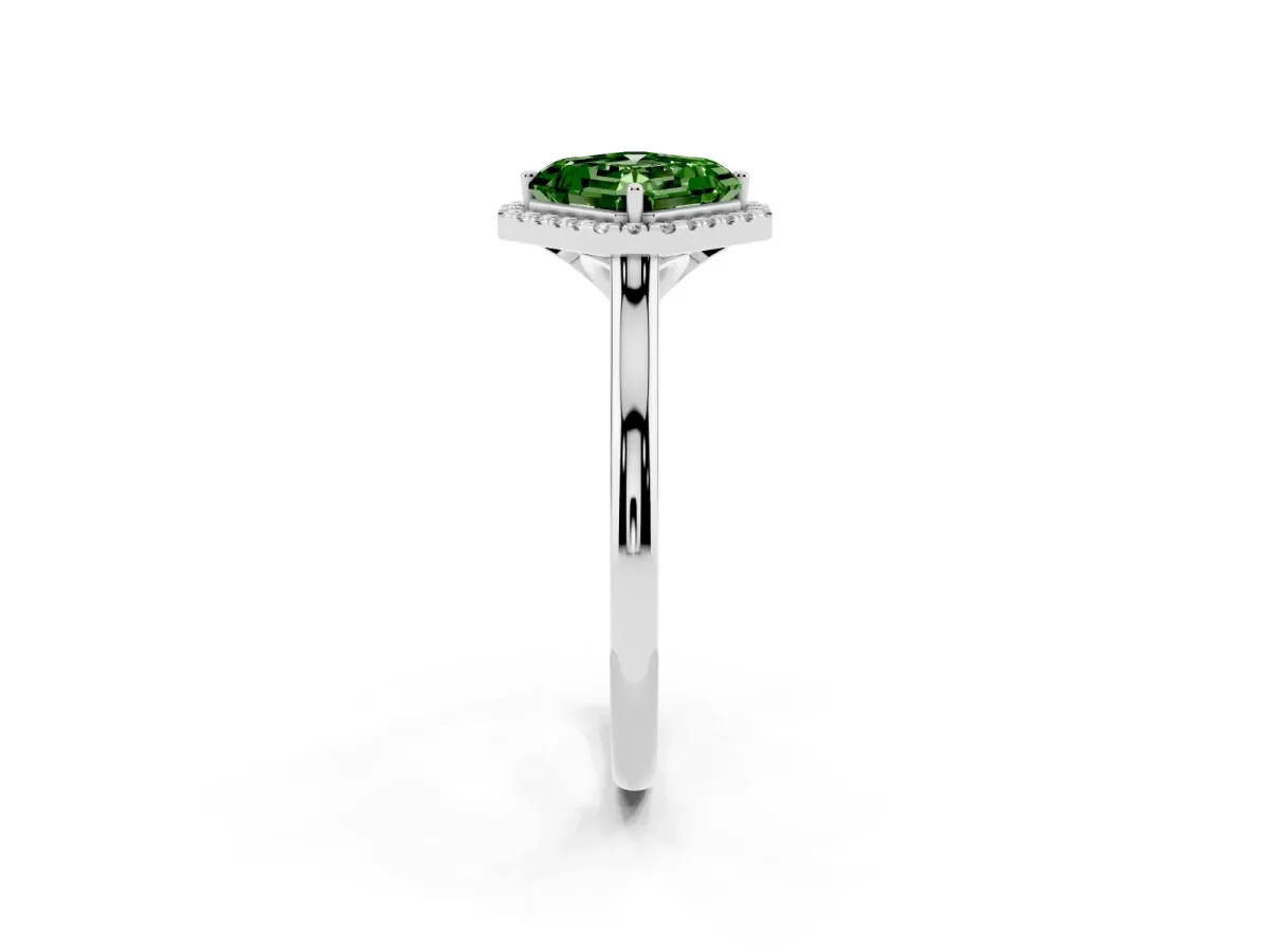 Fancy Green Asscher Cut Halo Round Diamond Solitaire Engagement Ring with Pave Band and Four-Prong Setting White gold