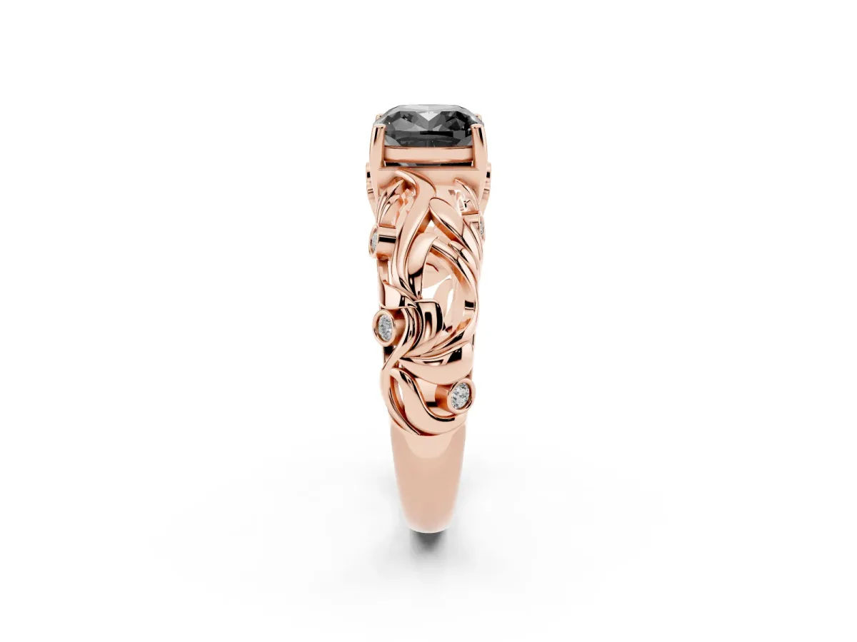 Fancy Black Cushion Cut Solitaire Diamond Leaf-Inspired Vine Band Ring with Prong Setting Rose gold