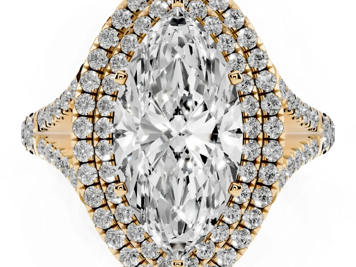 Marquise Cut Diamond Pavé Split Shank Double Halo Engagement Ring Yellow gold