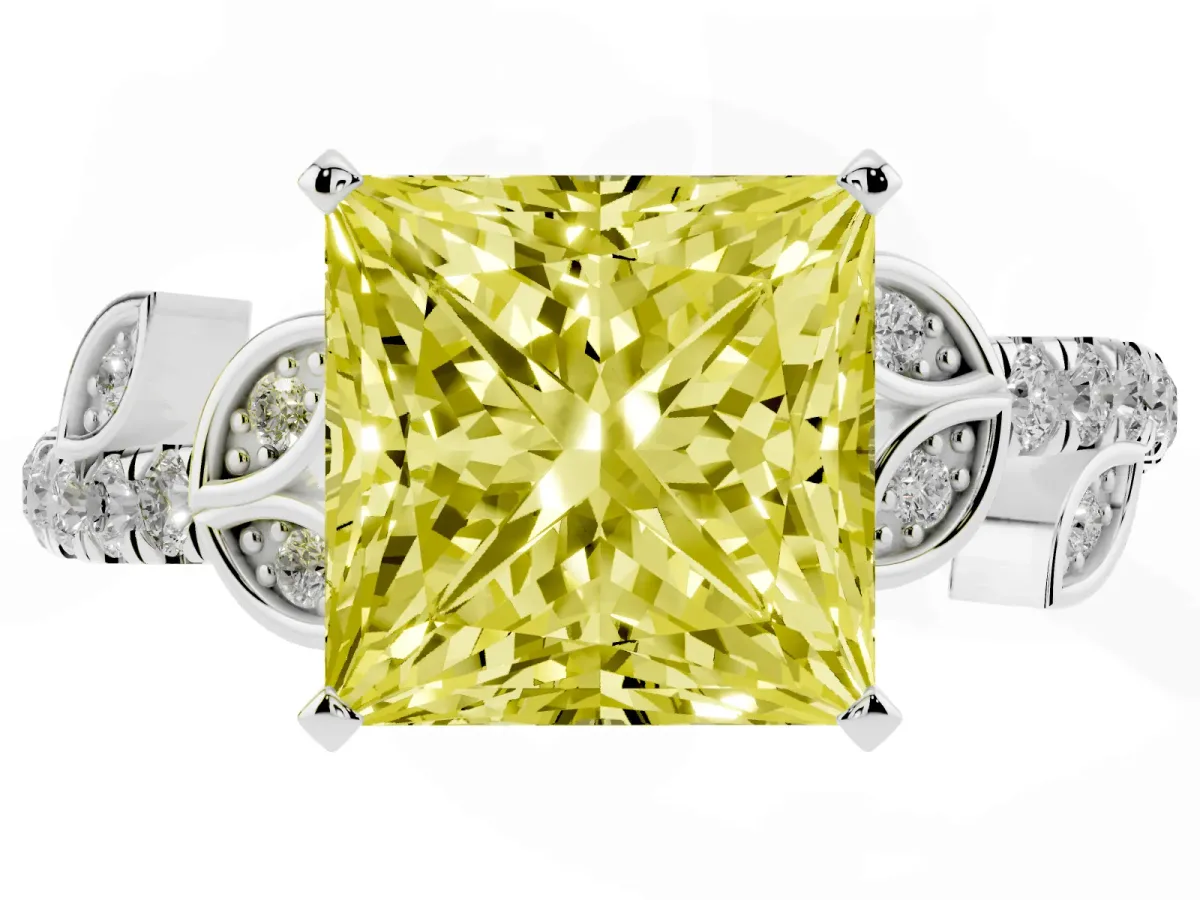 Fancy Yellow Princess Cut Solitaire Leaf-Inspired Diamond Ring with Pavé Band and Four-Prong Setting Platinum