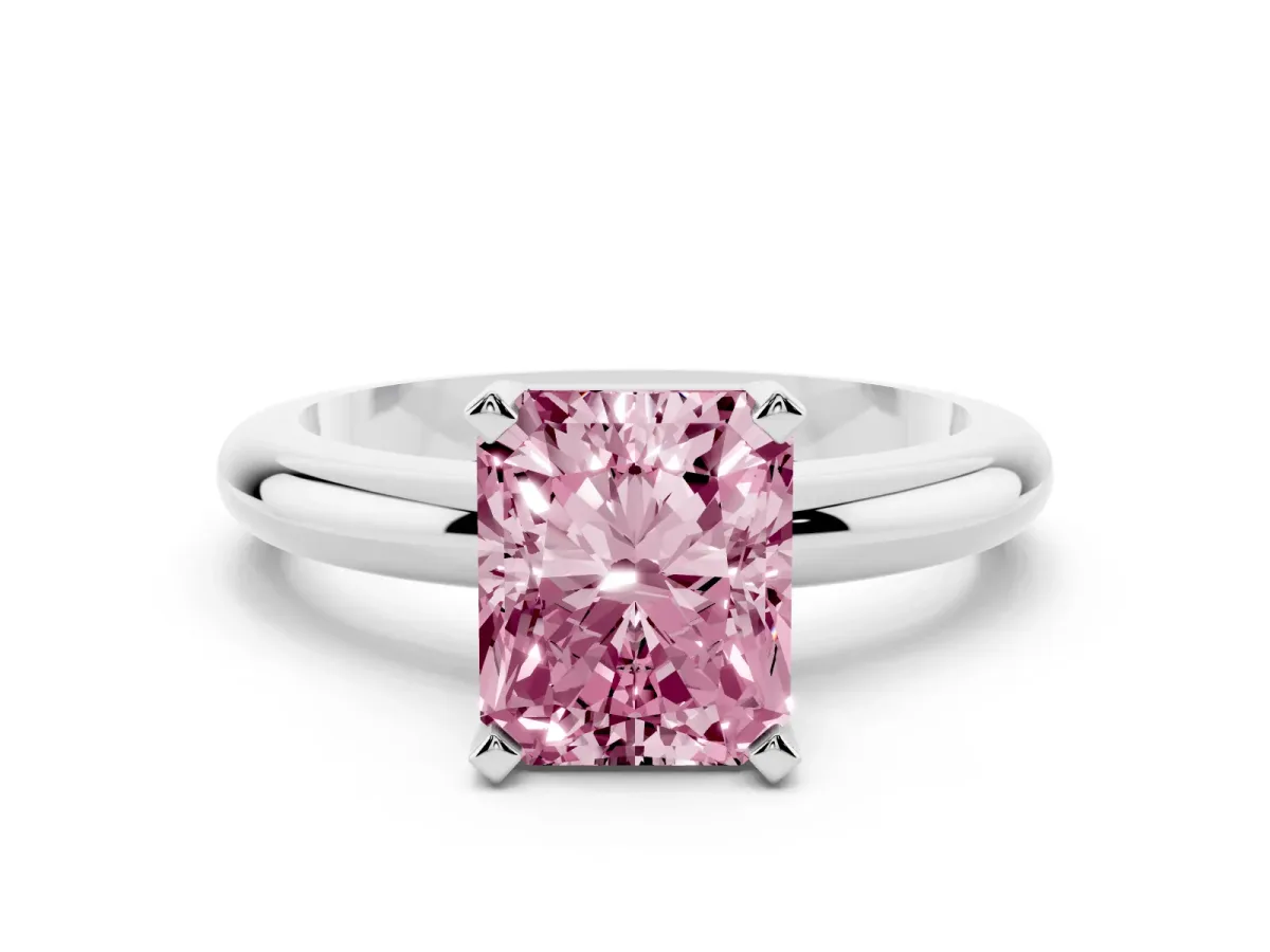 Fancy Pink Radiant Cut Diamond Solitaire Engagement Ring with Round Band and Four-Prong Setting White gold