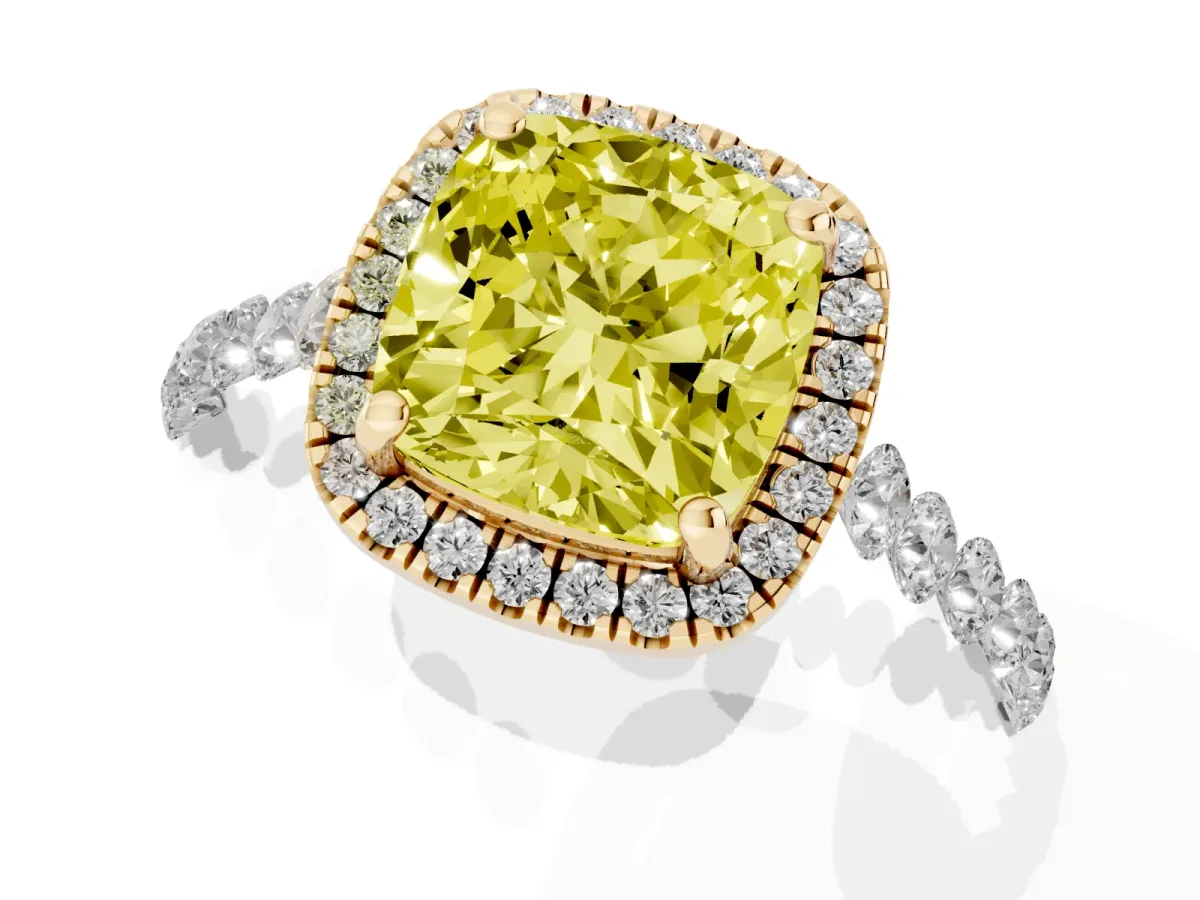 Fancy Yellow Cushion Cut Halo Pavé Diamond Engagement Ring with Four-Prong Setting Yellow gold