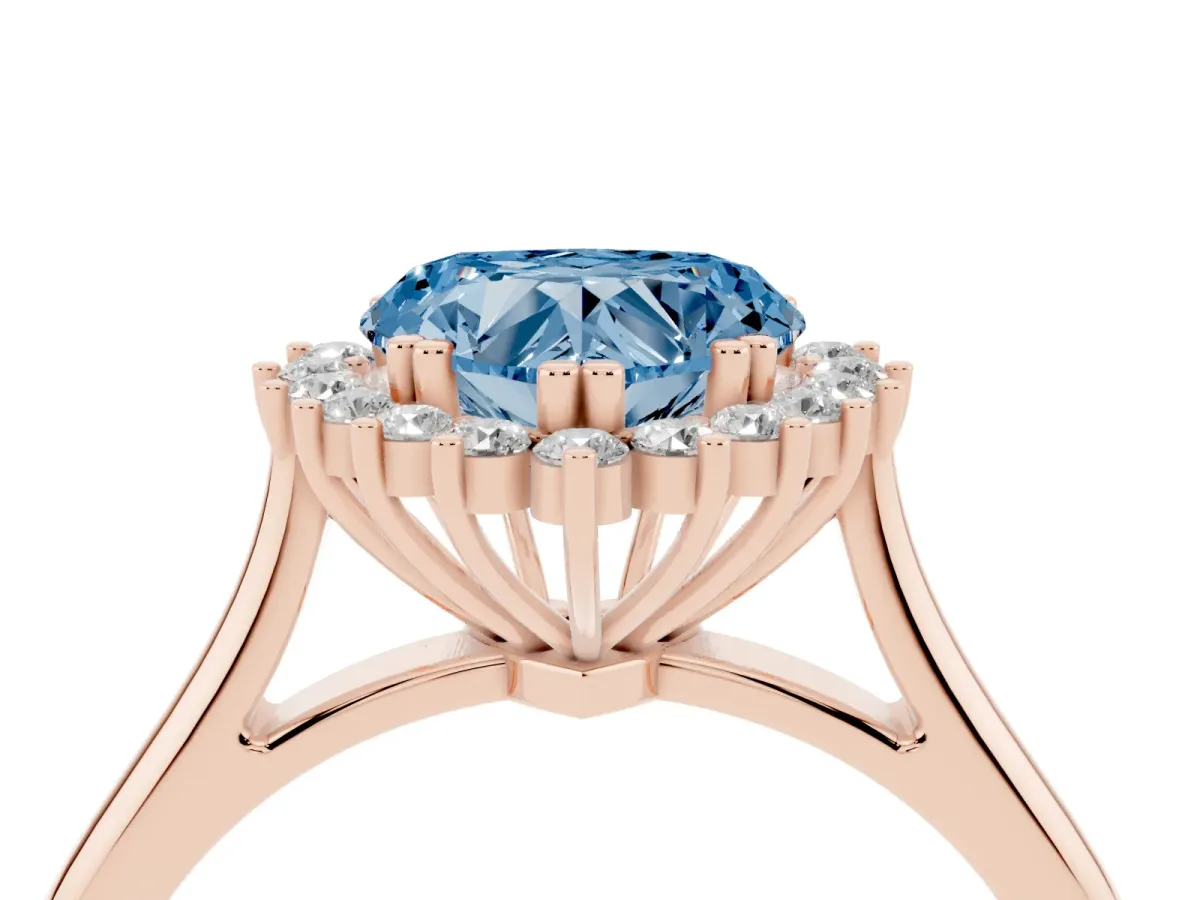 Fancy Blue Heart Cut Cut Diamond Halo Ring with Solitaire Band and Prong Setting Rose gold