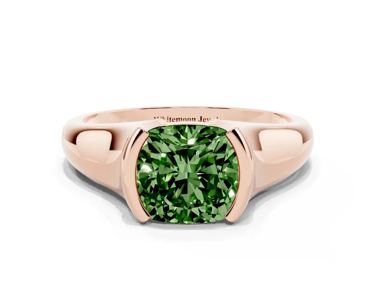 Fancy Green Cushion Cut Solitaire Tension Set Diamond Ring with Split Shank Band Rose gold