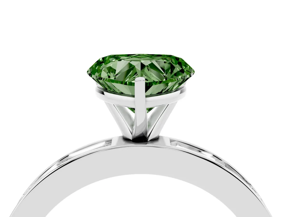 Fancy Green Heart Cut Solitaire Diamond Ring with Channel-Set Baguette Band and Four-Prong Setting Platinum