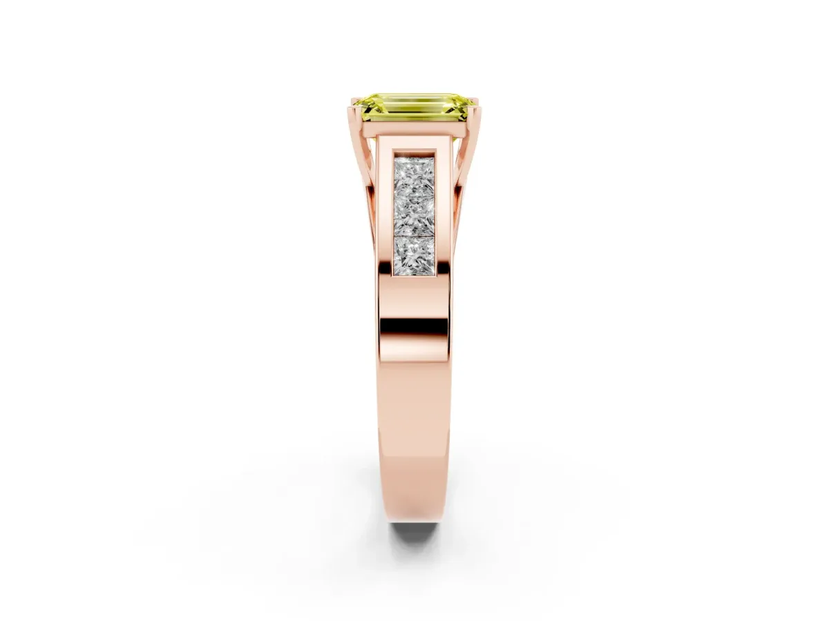 Fancy Yellow Emerald Cut Cut Channel Set Solitaire Ring with Four-Prong Setting Rose gold
