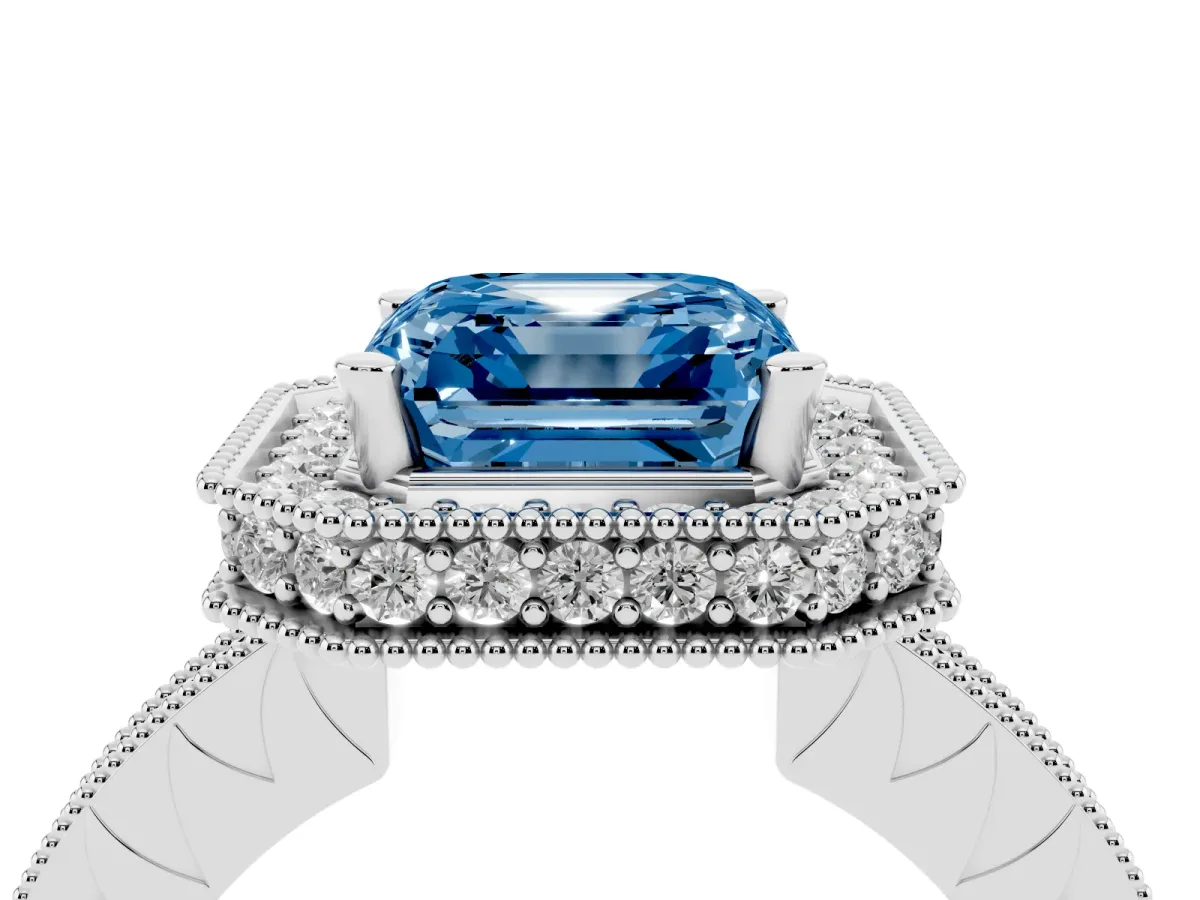 Fancy Blue Asscher Cut Diamond Milgrain Halo Engagement Ring with Round Pavé Band and Prong Setting Platinum
