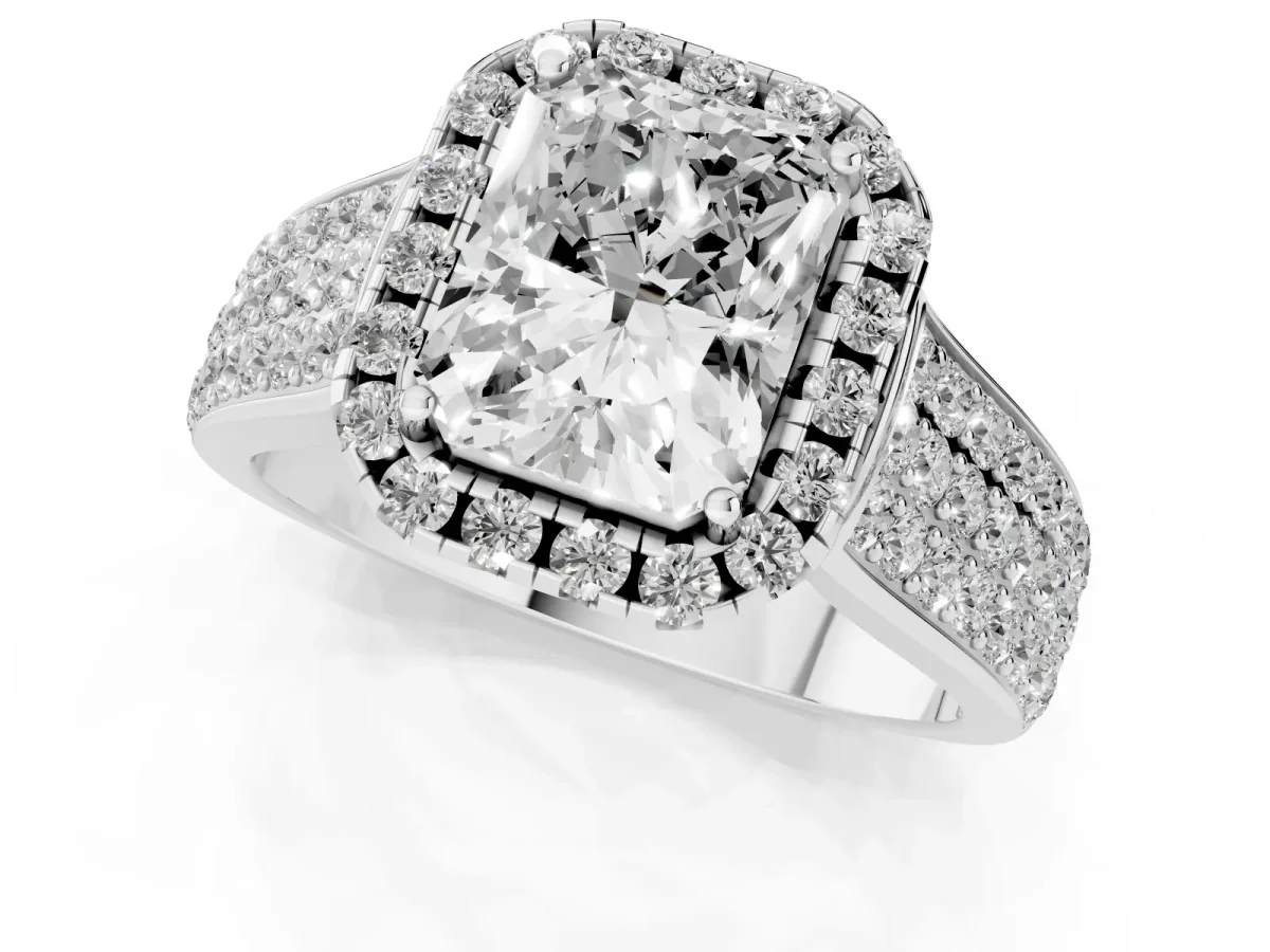 Radiant Cut Halo Round Diamond Pave Band with Prong Setting Silver