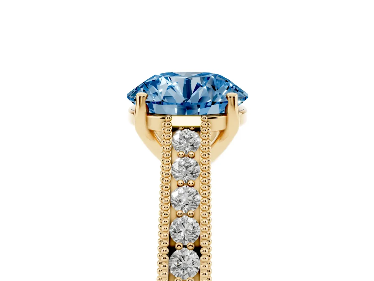 Fancy Blue Round Cut Cut Pave Band Milgrain Solitaire Ring Yellow gold