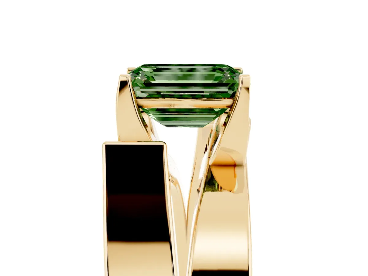 Fancy Green Modern Tension Set Emerald Cut Diamond Solitaire Wide Band Ring Yellow gold