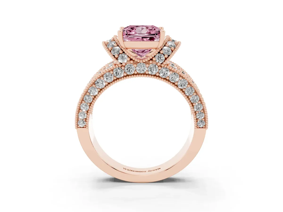 Fancy Pink Princess Cut Halo Pave Diamond Engagement Ring with Milgrain Detailing Rose gold