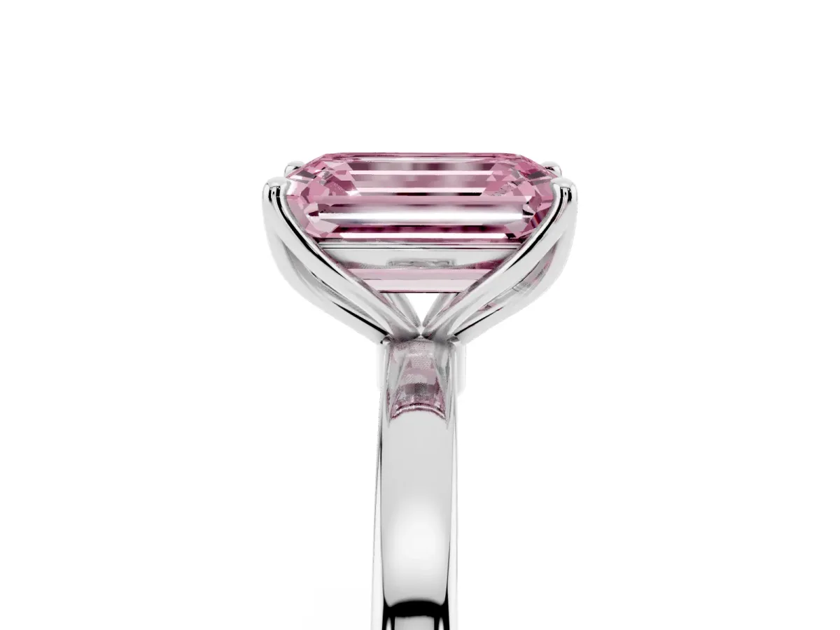 Fancy Pink Emerald Cut Diamond Solitaire Ring with Thin Band and Prong Setting Platinum