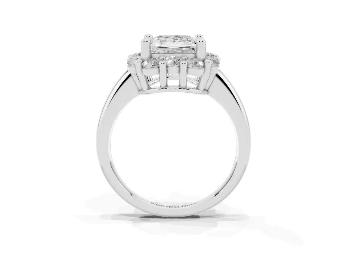 Princess Cut Halo Cluster Diamond Engagement Ring with Prong Setting and Polished Band Silver