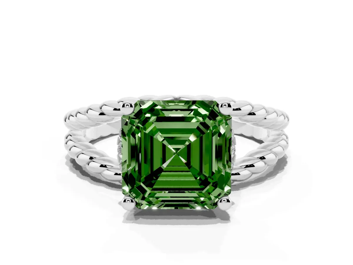 Fancy Green Asscher Cut Halo Twisted Band Four-Prong Ring Silver