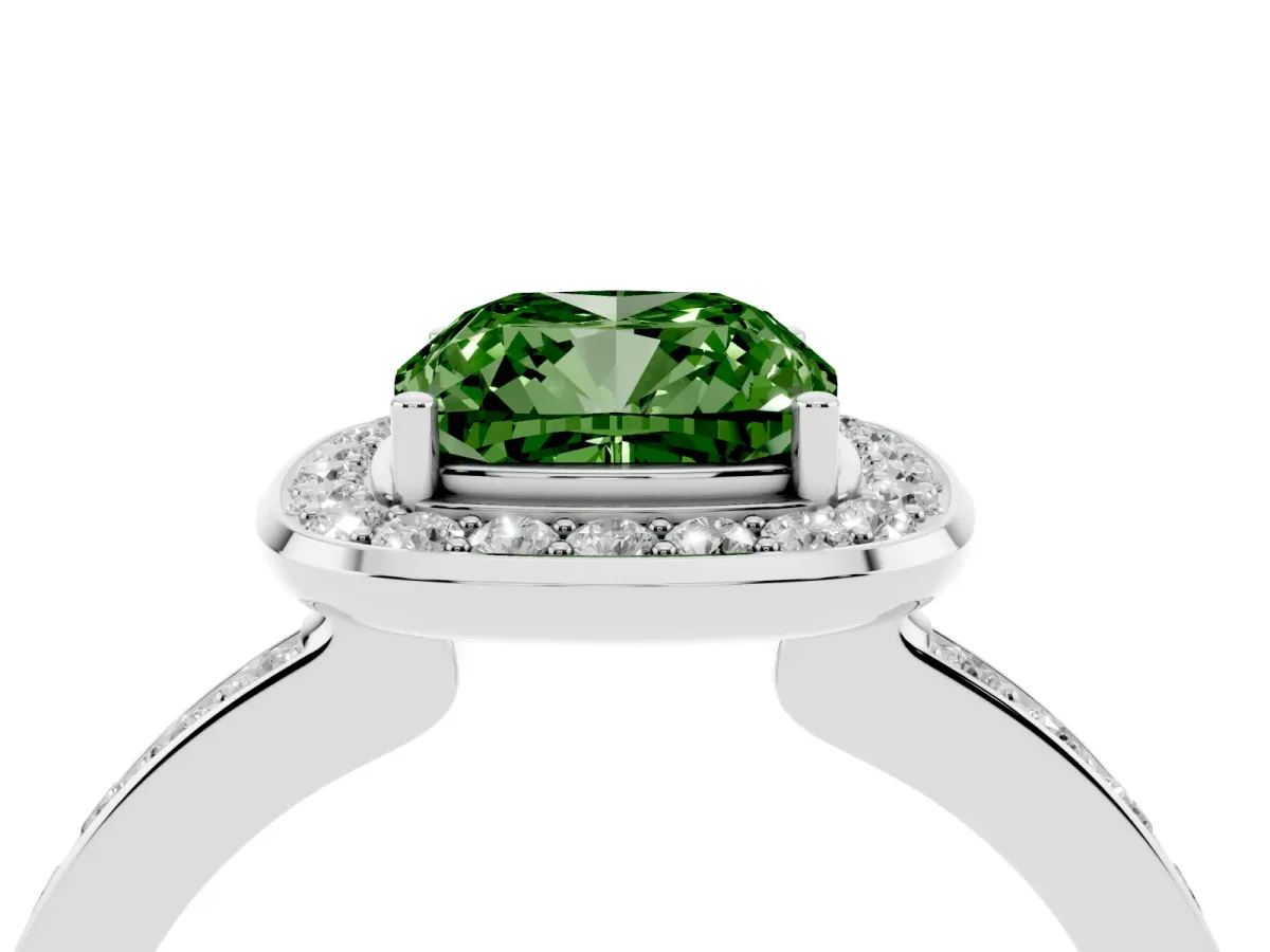 Fancy Green Cushion Cut Diamond Halo Ring with Bezel Frame and Pavé Band Silver