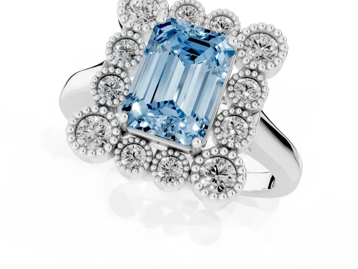 Fancy Blue Emerald Cut Halo Diamond Cluster Engagement Ring with Milgrain Bezel Setting and Solitaire Band Platinum