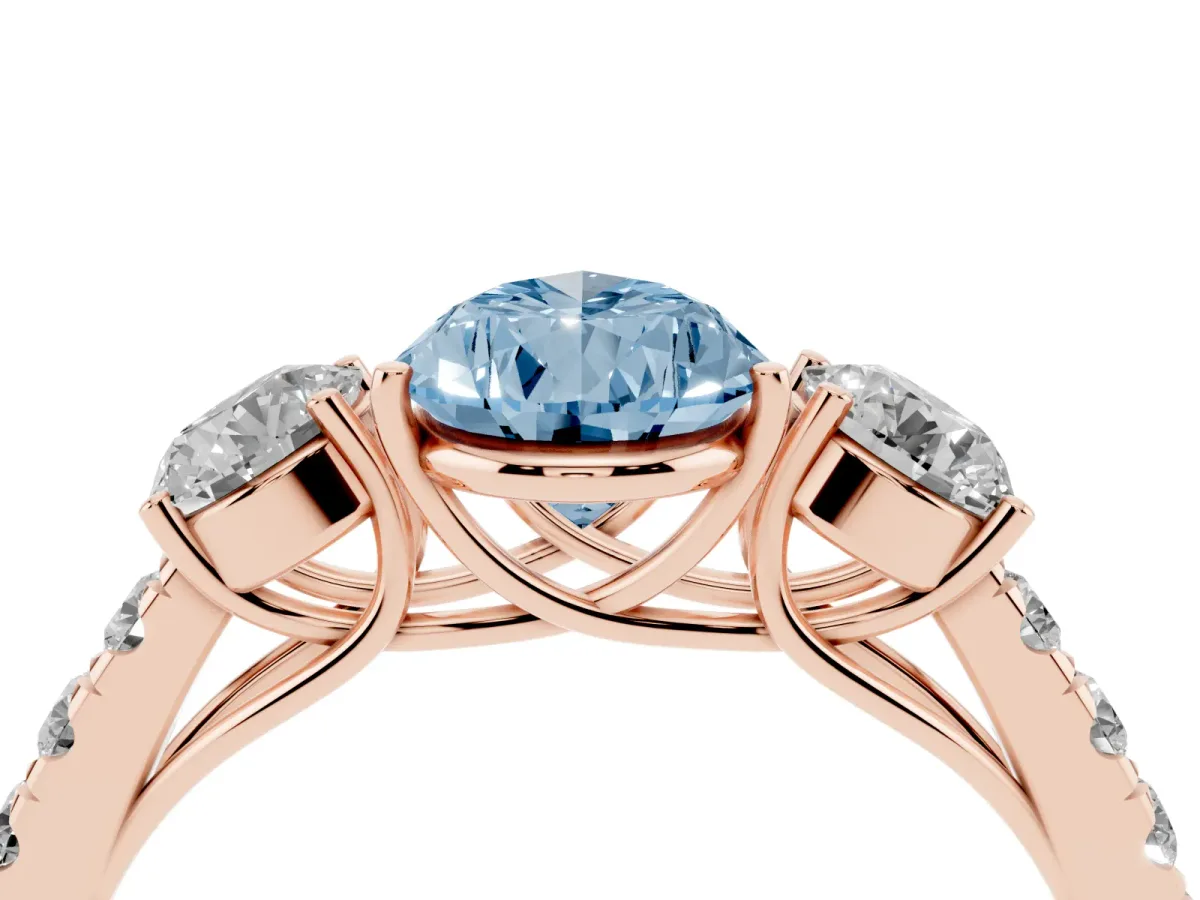 Fancy Blue Pear Cut Cut Diamond Three-Stone Ring with Round Side Stones and Pavé Band Rose gold