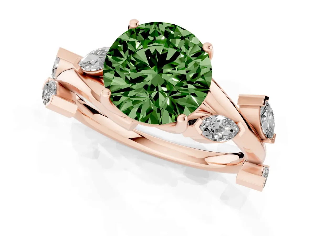 Fancy Green Round Cut Solitaire Twisted Band Marquise Accent Prong Setting Ring Rose gold