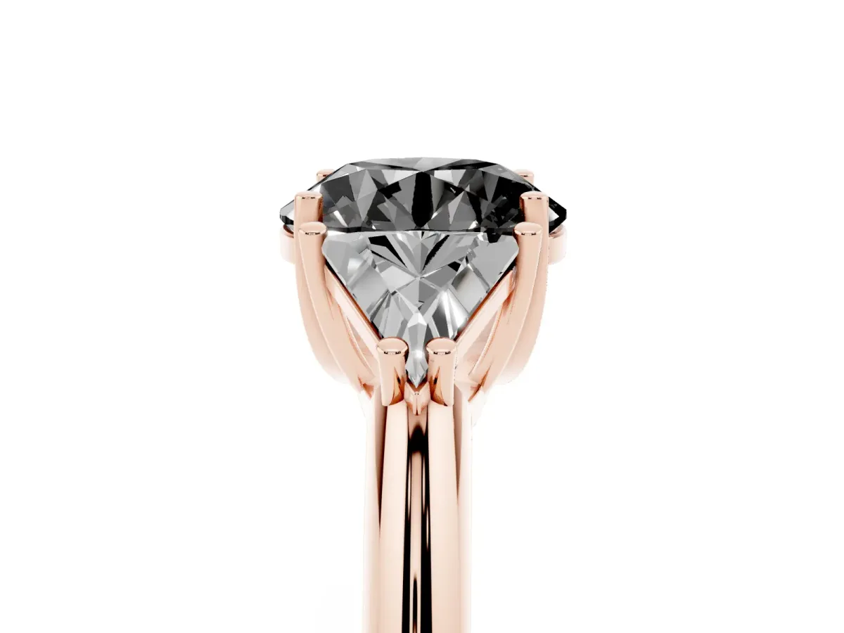 Fancy Black Three-Stone Round Cut Diamond Engagement Ring with Trillion Side Stones and Prong Setting Rose gold