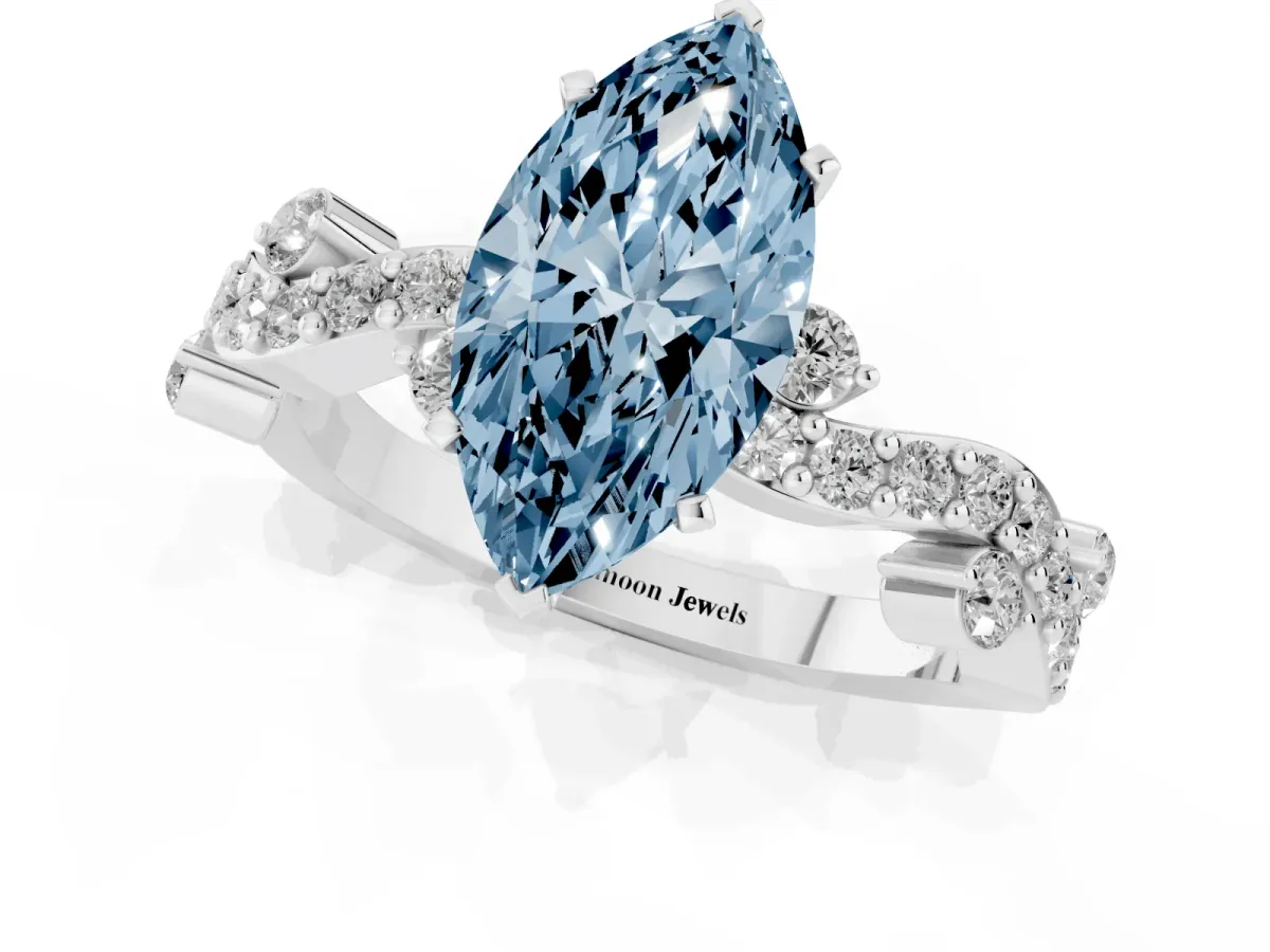 Fancy Blue Marquise Cut Cut Solitaire Diamond Twisted Band with Pave Setting Platinum