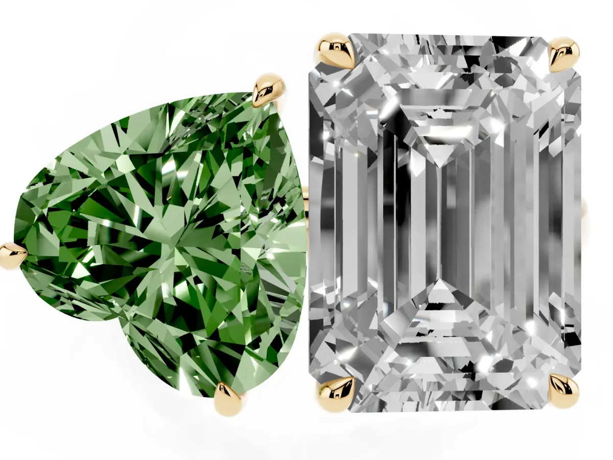 Fancy Green Heart Cut and Emerald Cut Toi Moi Ring with Prong Setting Yellow gold