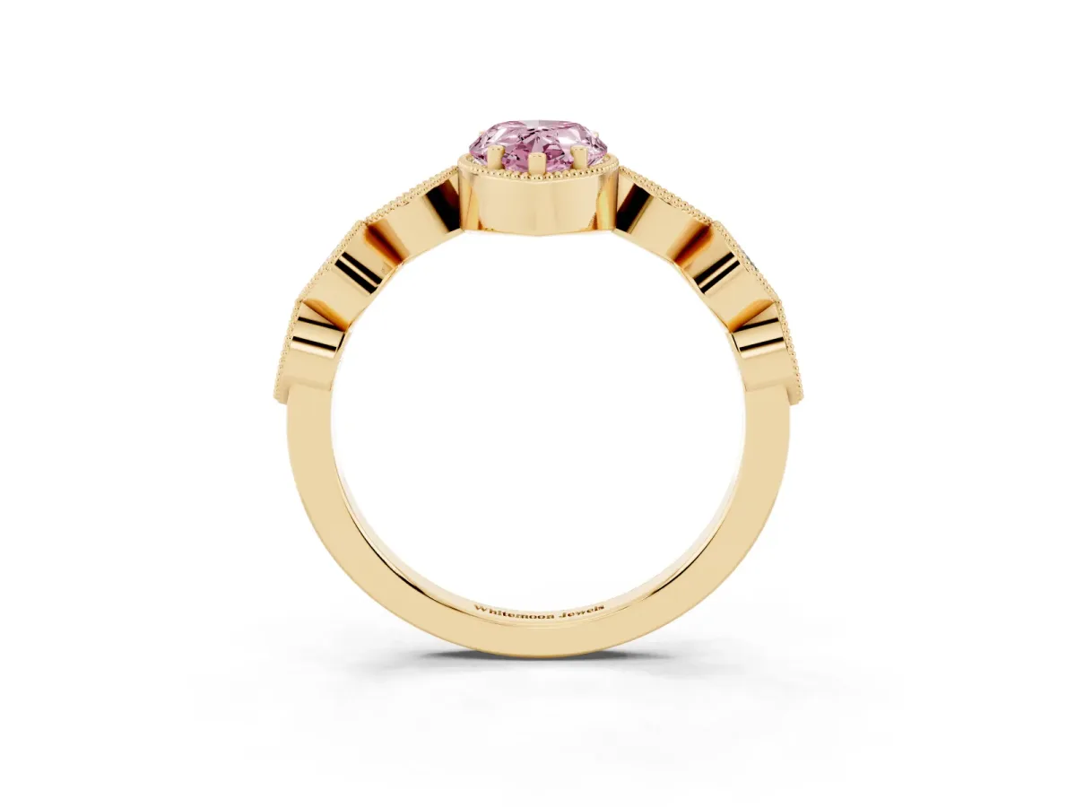 Fancy Pink Pear Cut Diamond Vintage Milgrain Ring with Round Stations Yellow gold