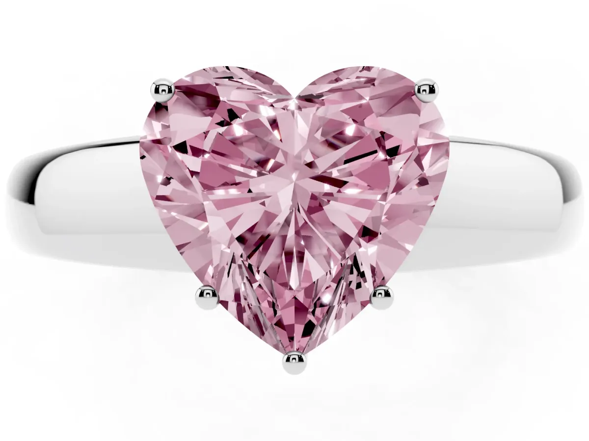 Fancy Pink Heart Cut Solitaire Diamond Ring with Tapered Band and Four-Prong Setting White gold