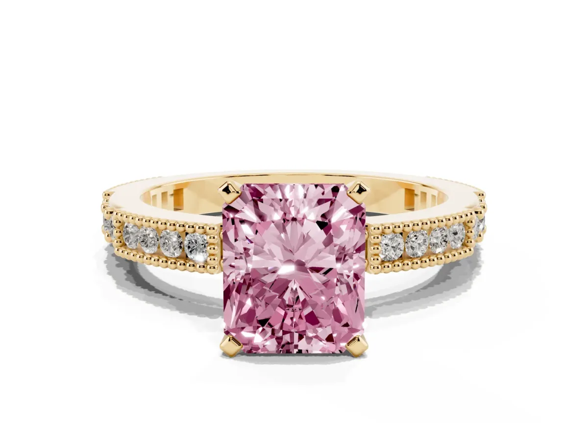 Fancy Pink Radiant Cut Solitaire with Pavé Band and Four-Prong Setting Yellow gold