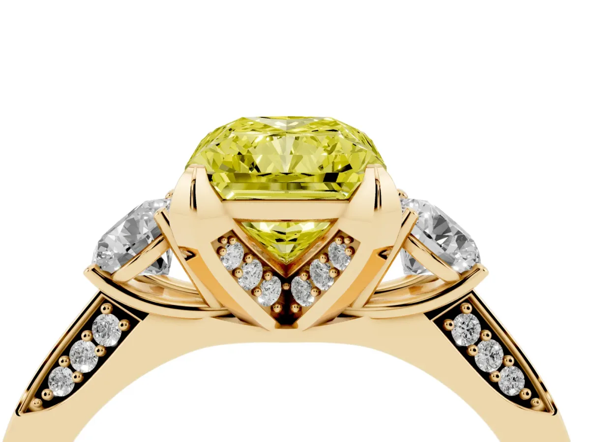 Fancy Yellow Radiant Cut Brilliant Three-Stone Diamond Ring with Pavé Band and Four-Prong Setting Yellow gold