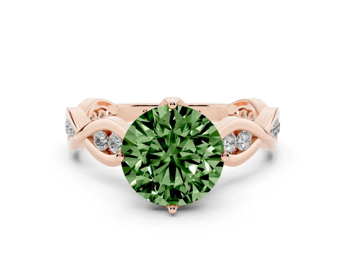 Fancy Green Round Cut Solitaire Twist Band with Leaf Prong Setting Rose gold