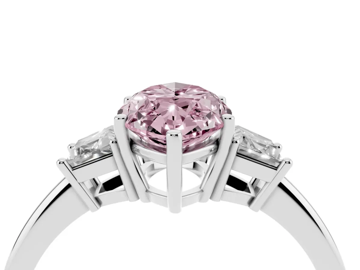 Fancy Pink Marquise Cut Diamond Three-Stone Ring with Trapezoid Side Stones and Prong Setting Silver