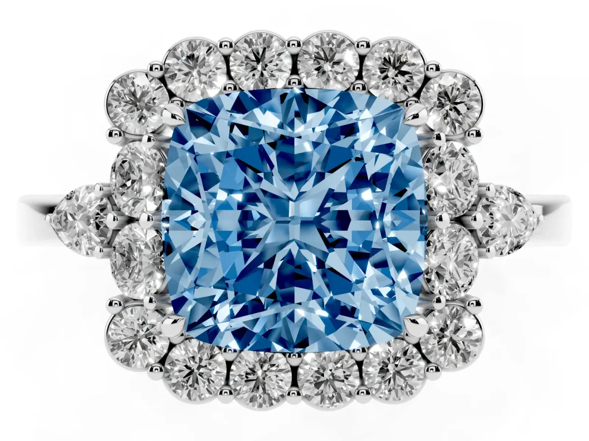 Fancy Blue Cushion Cut Diamond Halo Ring with Pear Side Stones and Prong Setting Silver