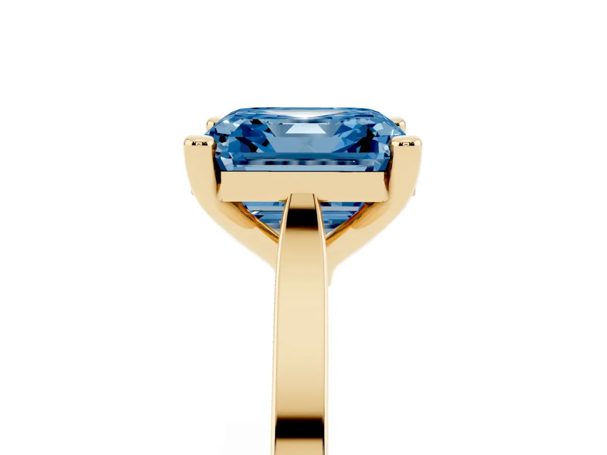 Fancy Blue Asscher Cut Solitaire Diamond Ring with Four-Prong Setting and Tapered Band Yellow gold