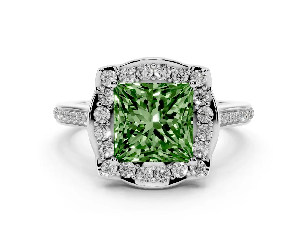 Fancy Green Princess Cut Halo Round Diamond Pave Band with Four-Prong Setting Silver