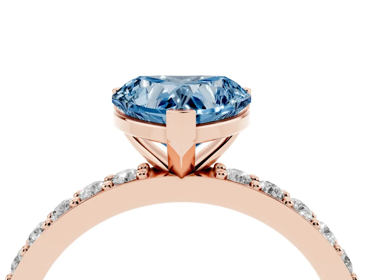 Fancy Blue Heart Cut Cut Diamond Solitaire with Pave Band and Four-Prong Setting Rose gold