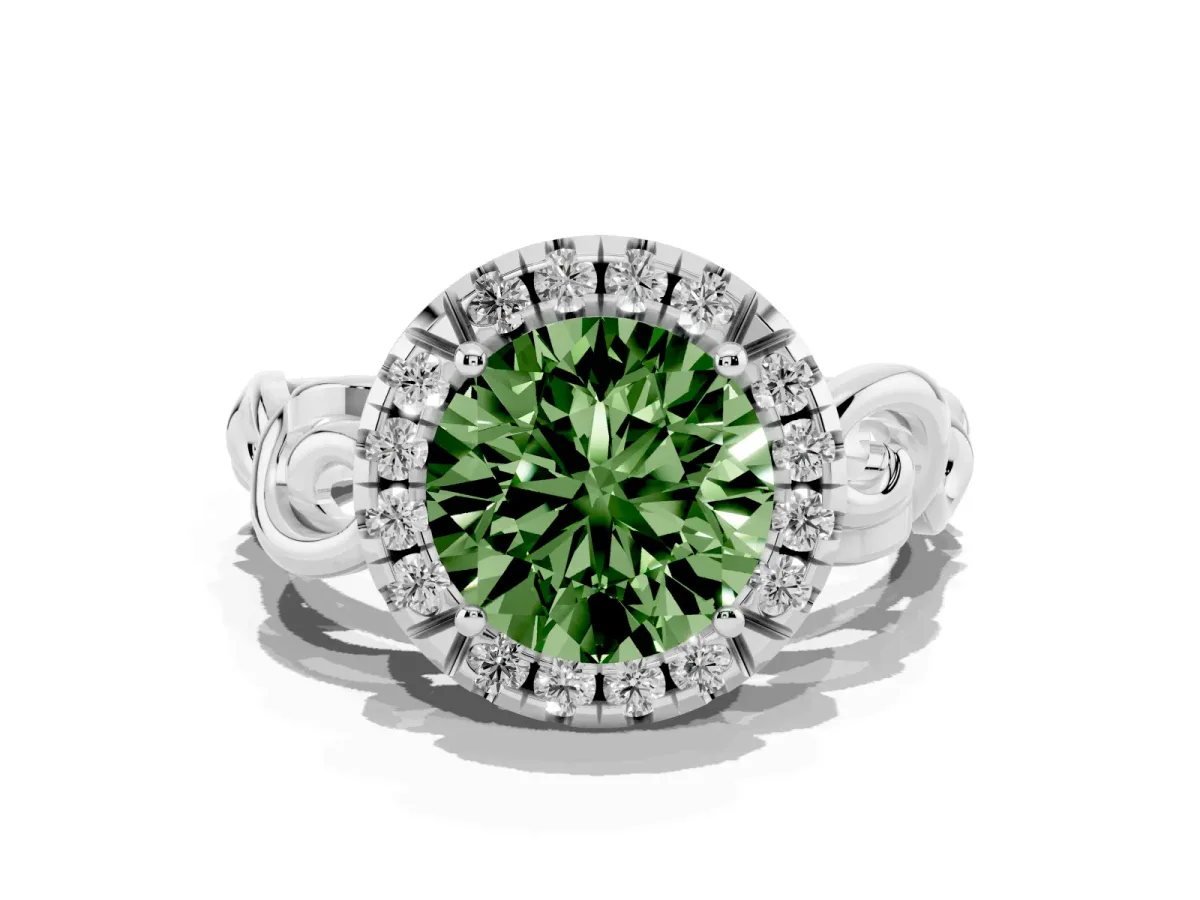Fancy Green Round Cut Cut Halo Diamond Ring with Scrollwork Band and Four-Prong Setting Silver